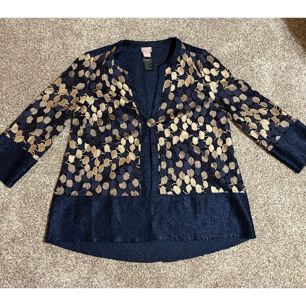 Chico’s Travelers Jacket Cardigan Women’s Sz 1 / L Navy Gold Embroidered Sheer - Picture 3 of 11